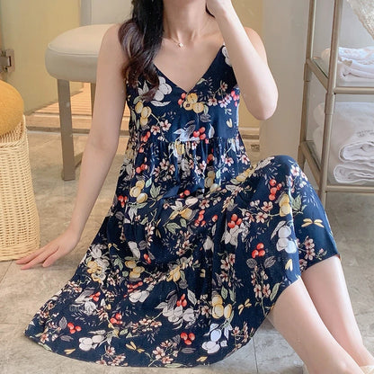 🍒Moue nagrok vir Vroue, asemende viskosekatoen-camisole-nagrok, bloemryke nagrok, huisdrag, somerdrag, vakansiedrag, nagdrag, Vars Blommepatrone