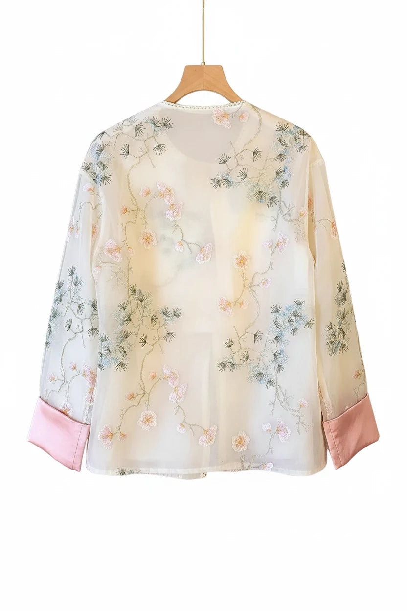 🍒Shirt jacket for women Light outer for women chinese style jacket chiffon embroidery Jacquard tie light cover up sunscreen cardigan Summer beach coverup for occasion and casual coverup See Through The Day