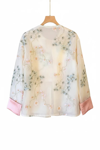 🍒Shirt jacket for women Light outer for women chinese style jacket chiffon embroidery Jacquard tie light cover up sunscreen cardigan Summer beach coverup for occasion and casual coverup See Through The Day