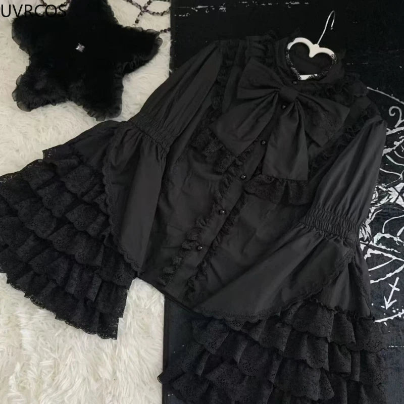 🍒Ruffle flare sleeve shirt with bow on sleeve sweet blouse Y2k aesthetic designer lace patchwork top white loose feminine clothes smart casual party occasion wear Great Simply Ornate
