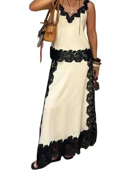 🍒 Kant-camisole en maxi-rompstel vir vroue, lappieskombers mouloos ooprug-top en lang los rompe, vroulike somermode, geleentheidspartytjieklere, deftige gemaklike vroue, Lady Lace