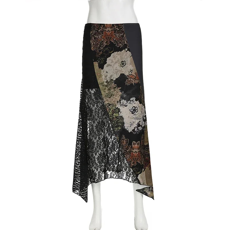 🍒Irregular floral pattern midi skirt casual high waist long skirt elasticated waist mixed media fashion clothing smart casual wear women