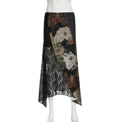 🍒Irregular floral pattern midi skirt casual high waist long skirt elasticated waist mixed media fashion clothing smart casual wear women