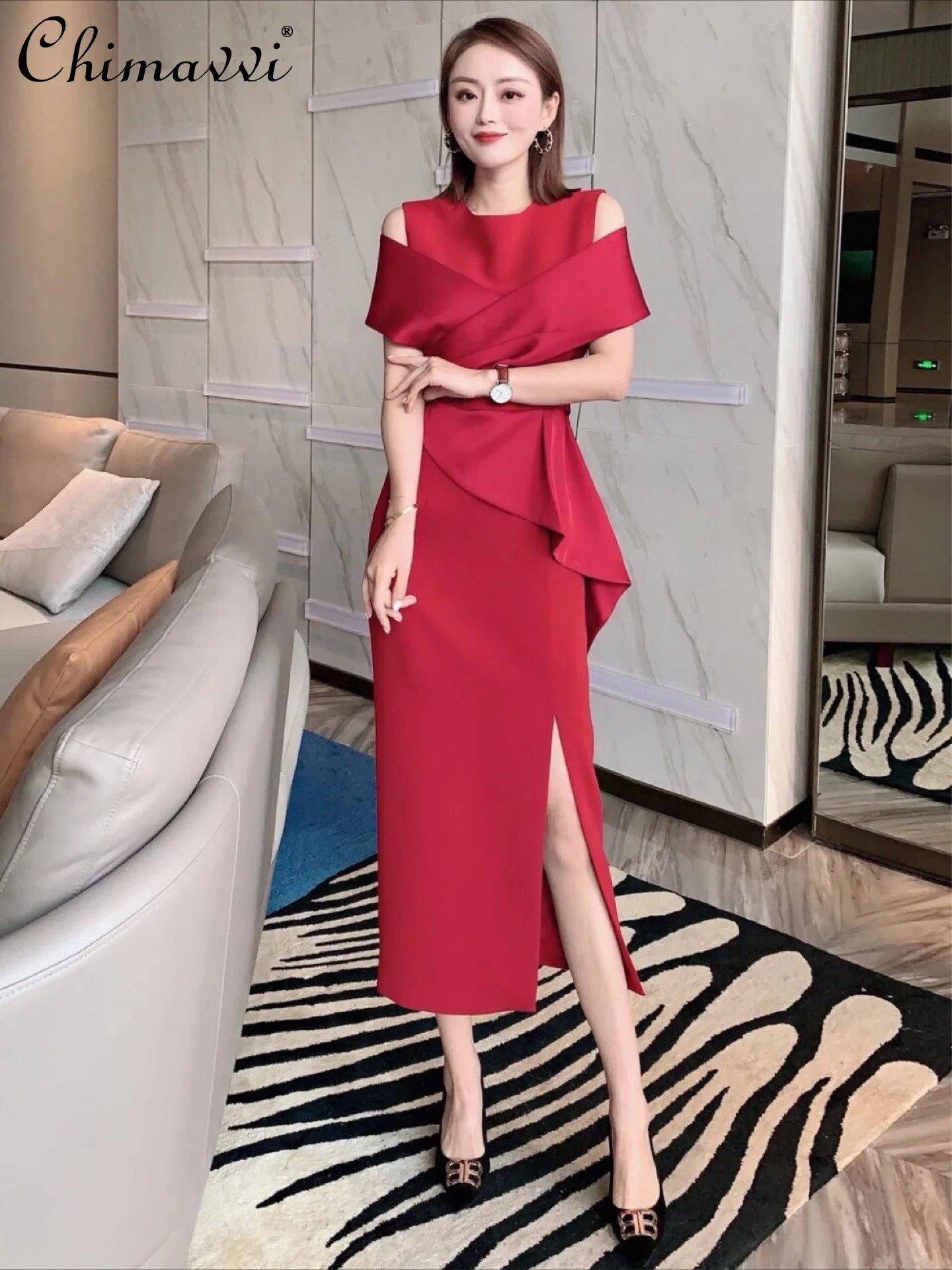 🍒Celebrity elegant gown dress for women party wear fashion off-shoulder outfit high waist with split high end ocassion wear