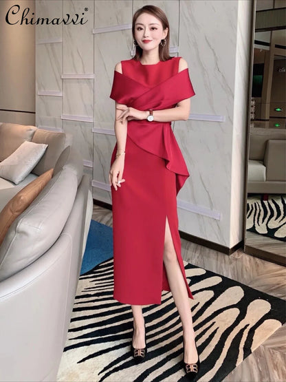 🍒Celebrity elegant gown dress for women party wear fashion off-shoulder outfit high waist with split high end ocassion wear
