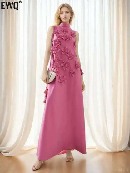 🍒Female evening dress 3D flower dress women sleeveless stand collar outfit maxi a-line occasion wear party wear fashion Always Have A-line Of Appliques In Your Armoire