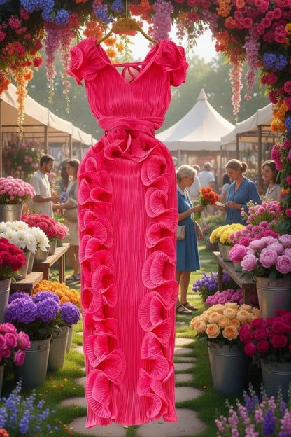 🍒Women's long dress slim fit occasion outfit with 3D pleats and ruffle hem sleeveless fashion wear party wear fashion clothing Look Smooth In Ruff-les