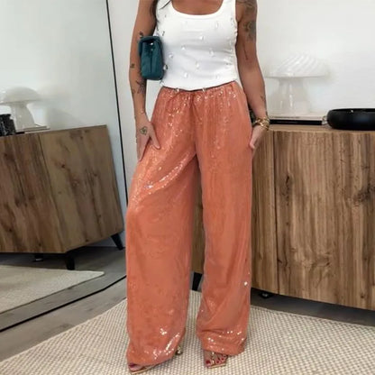 🍒Sequined pants for women high waist tie up ankle-length loose trousers spring summer Fashion smart casual clothing female Y2k style Sequ-Win