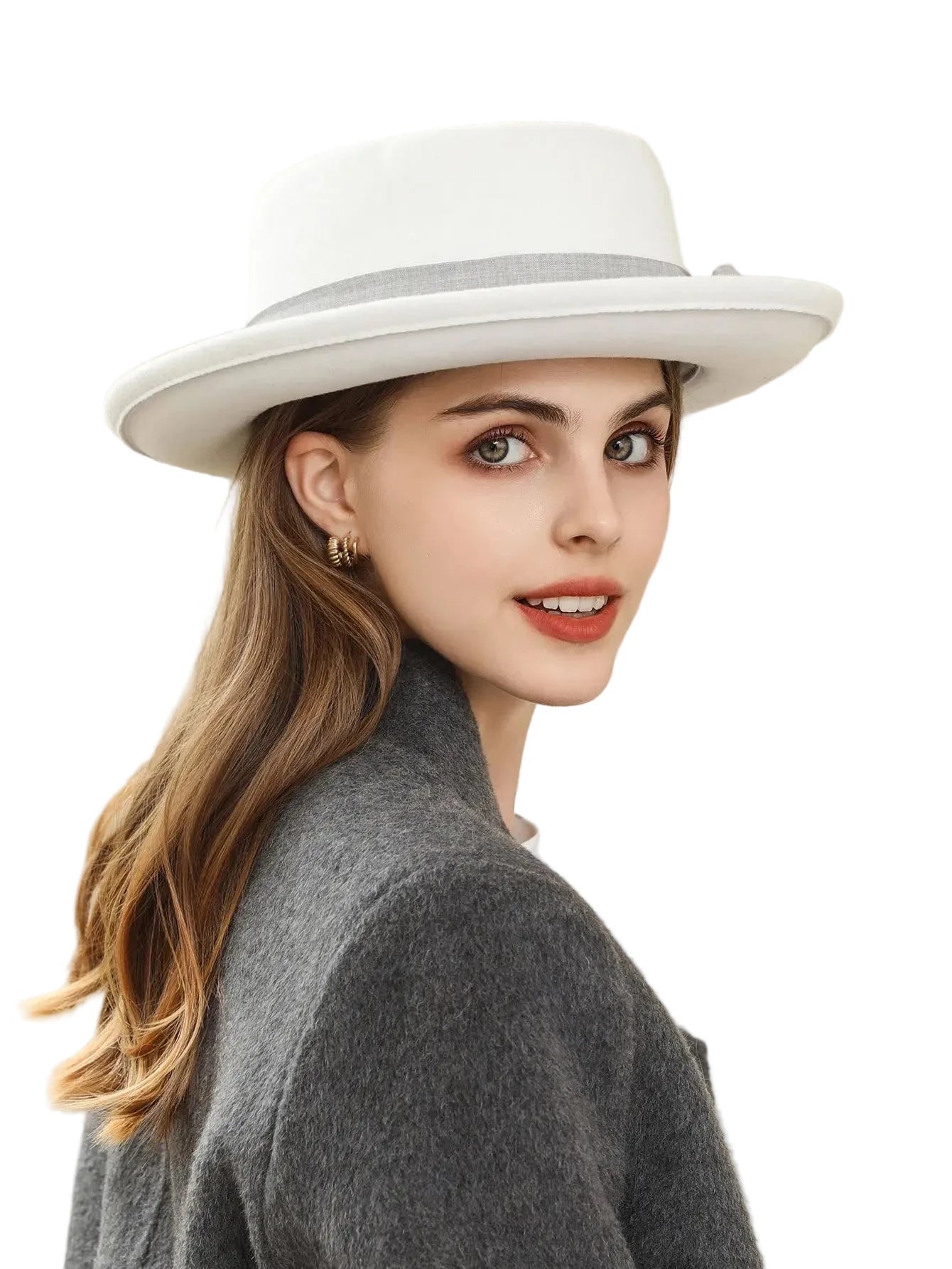 🍒Vroue se herfs- en winterhoed wolvilt fedora met syboog klassieke Italiaanse stylhoed opgerolde rand plat top mode hoofbedekking  FED op met DORA wat jou HOEDE steel kry hierdie en kruip weg in jou koel kas