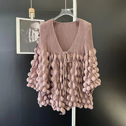 🍒泡泡袖褶皱上衣带褶皱系带上衣 V 领设计纯色宽松 T 恤时尚休闲服装 提升您的时尚品味