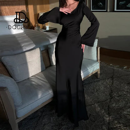 🍒Womens long dresses simple design fashion round neck satin outfit flare sleeve outfit lomg sleeve lace up slim evening party wear bodycon Slinky Simple Style