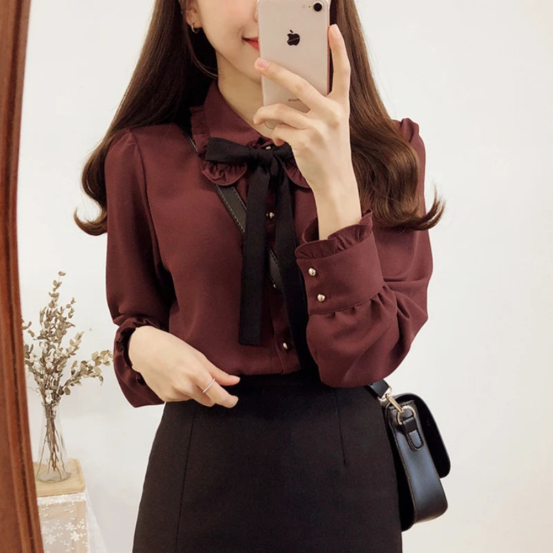 🍒Blouses with bows cute preppy style clothes women solid shirts  with ties formal work office wear essential summer clothing Pretty Up In Cute Bows