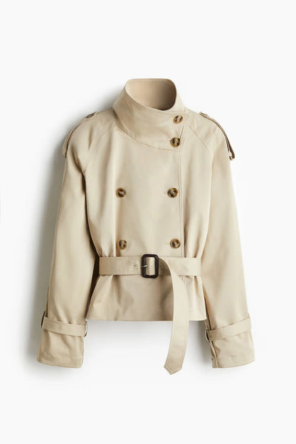 🍒Flared sleeve jacket belt coat for women elegant stand collar double breasted coat long sleeved outerwear female autumn winter fashion commuter keep abreast of belted double breast