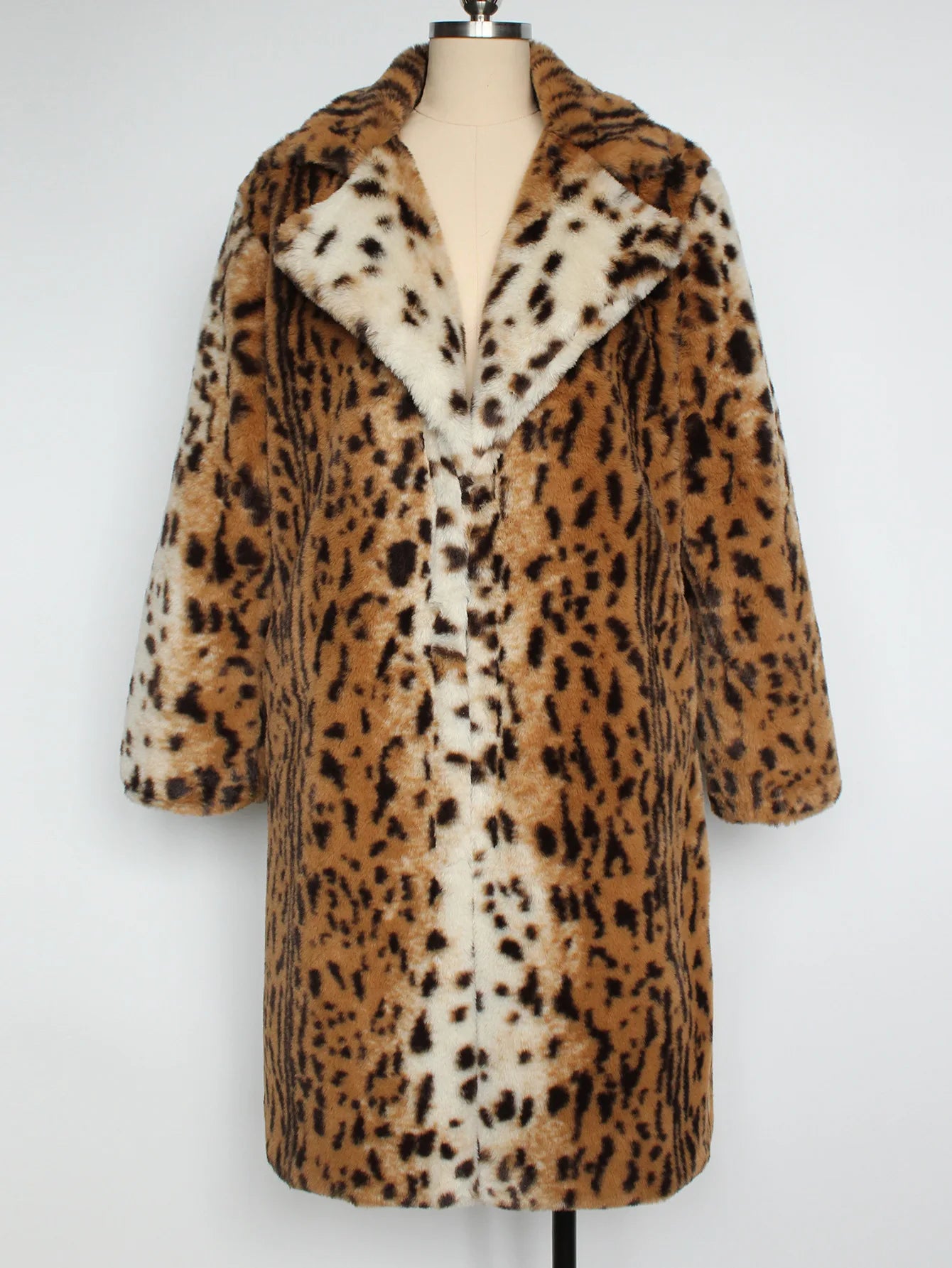 🍒Faux fur coat leopard long Jacket with lapel animal print outerwear fashion long sleeve overcoat women single breasted straight fit smart casual autumn winter wear Animate Your Style