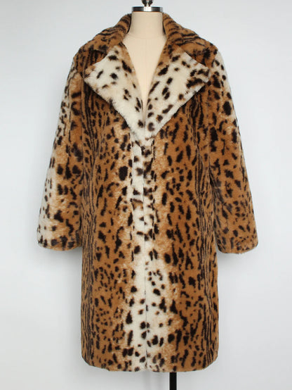 🍒Faux fur coat leopard long Jacket with lapel animal print outerwear fashion long sleeve overcoat women single breasted straight fit smart casual autumn winter wear Animate Your Style