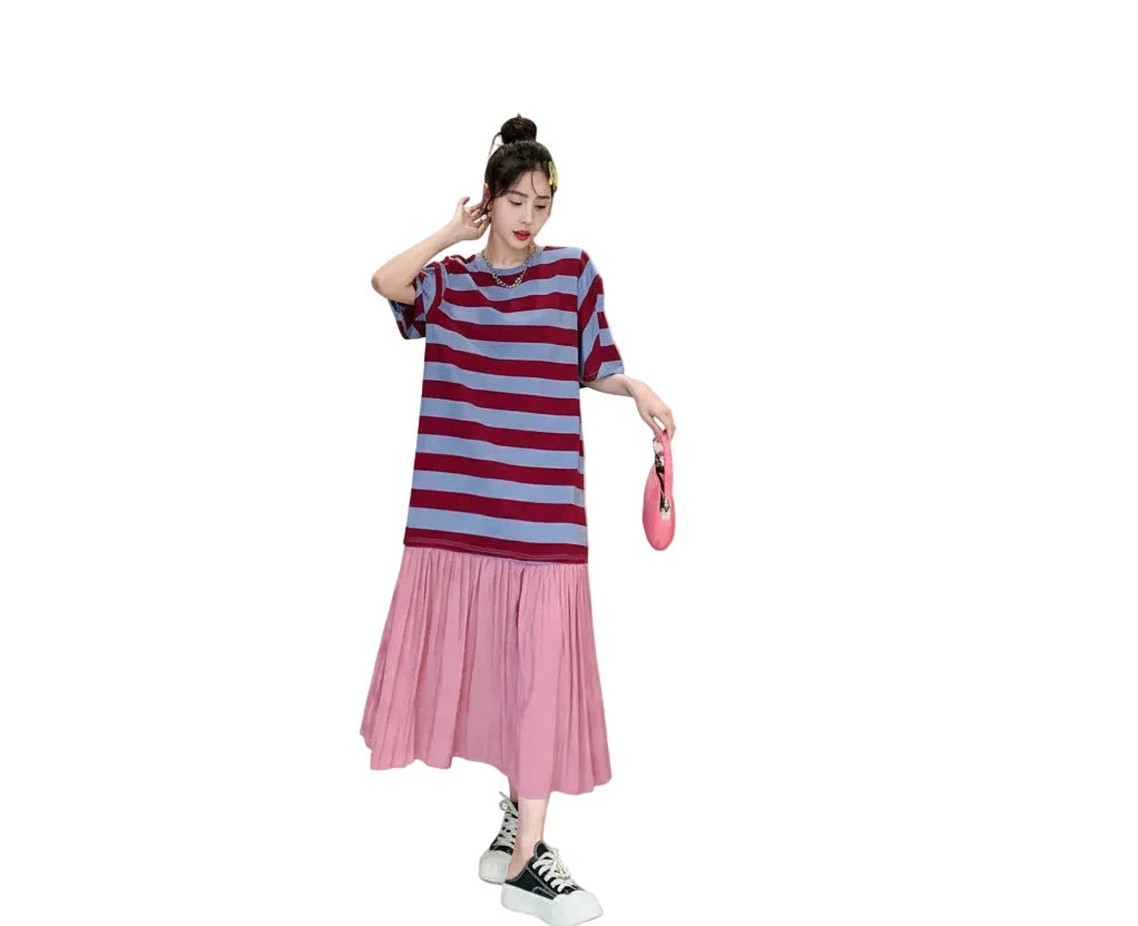 🍒Summer women midi dresses plus size false two-piece cotton stripe mixed media outfit casual wear holiday fashion wear stripee Plain And Simple