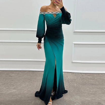 🍒Contrast colour dress high waist ruched long dress outfit Off shoulder puff sleeve party wear womens evening gown occasion wear