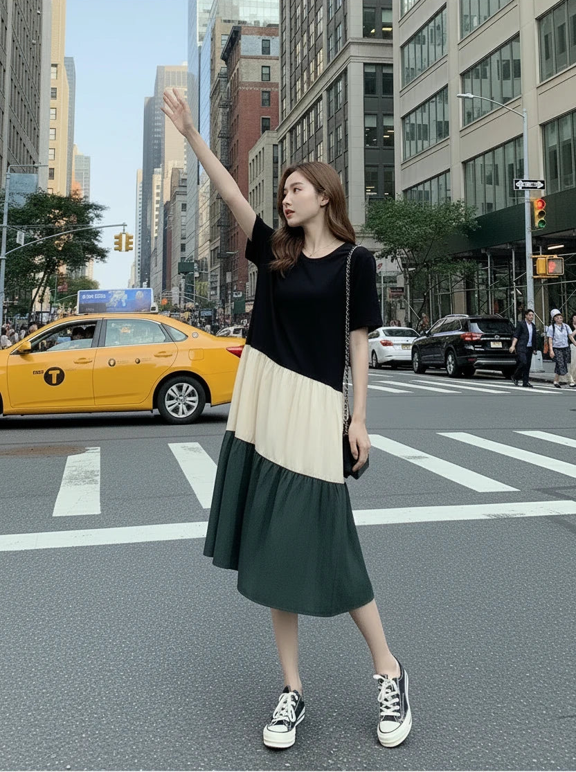 🍒T-shirt dress women colour block outfit loose fit plus size summer fashion stripe clothing stylish medium length over knee a-line fashion wear holiday wear Blocks Of Style