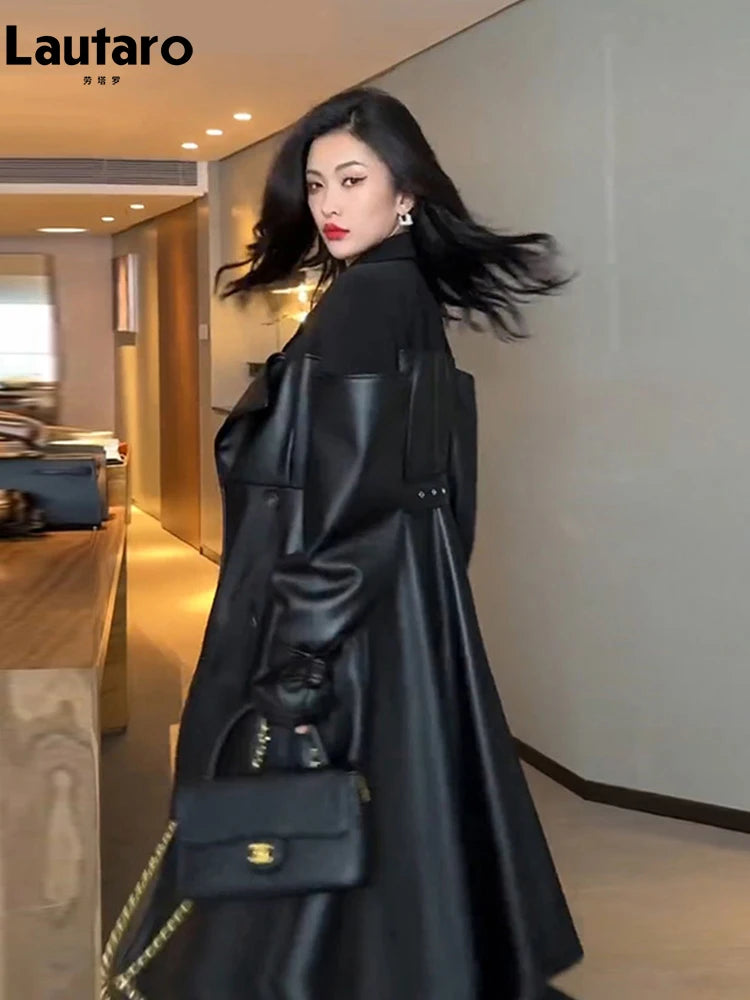 🍒Long black faux leather coat pu trench coat mixed media fashion womens autumn winter outerwear double breasted outerwear loose stylish luxury designer clothing Shoulder Bold