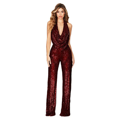 🍒Sleeveless backless jumpsuit Women's  halter one piece outfit with sequins occasion partywear