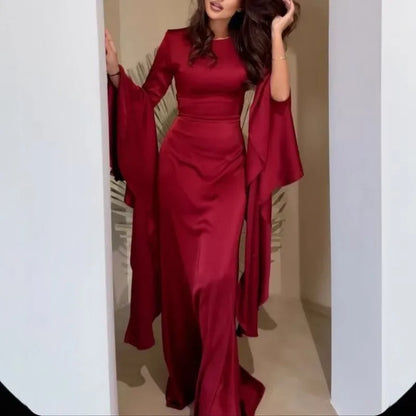 🍒鸡尾酒会礼服大摆钟形袖造型高腰宴会服纯色长款礼服派对装，在您的钟声中成为全场焦点