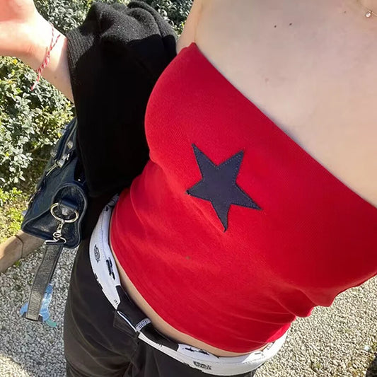 🍒无肩带时尚上衣，星星图案露脐红色复古背心，抹胸女士休闲时尚