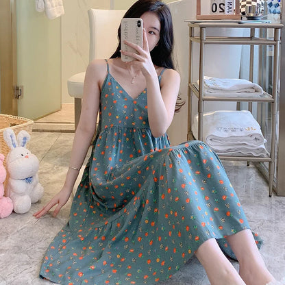 🍒Moue nagrok vir Vroue, asemende viskosekatoen-camisole-nagrok, bloemryke nagrok, huisdrag, somerdrag, vakansiedrag, nagdrag, Vars Blommepatrone