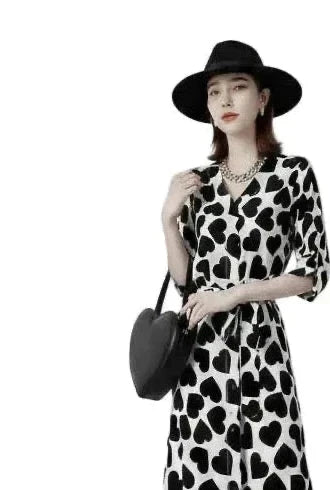 🍒Elegant love heart printied belt dresses summer short puff sleeve outfit v-neck midi dress black and white fashion wear women's clothing with three quarter sleeves You Will LOVE This HEART