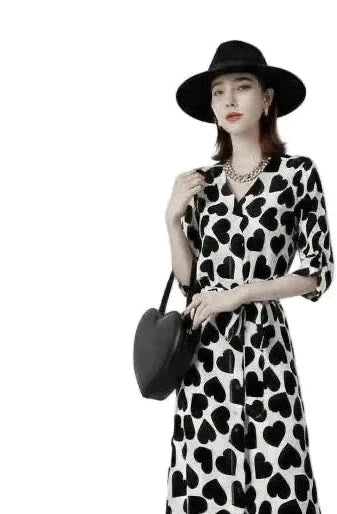 🍒Elegant love heart printied belt dresses summer short puff sleeve outfit v-neck midi dress black and white fashion wear women's clothing with three quarter sleeves You Will LOVE This HEART