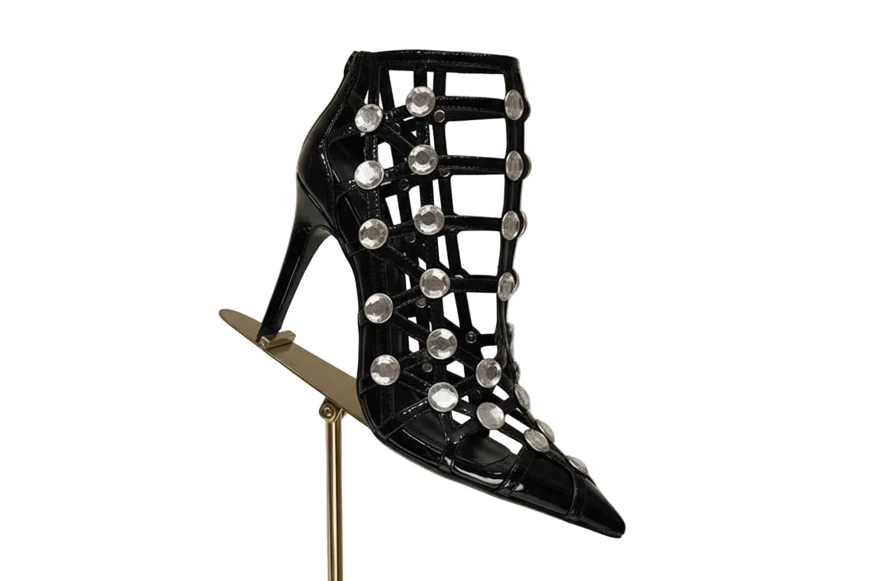 🍒crystal sandal shoe breathable hollow crystal gem cross design high heels fashion pointed toe pumps for women slip on stiletto party occasion shoes 'Casion Crystal Cross Cool