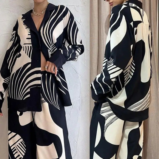 🍒Gedrukte hemp vroue 2-stukstelle los langmouhemp en wye pypbroek damespak Somer slim toevallige uitrustings dames Mode geleentheidspartytjie drag geleentheidsaanddrag
