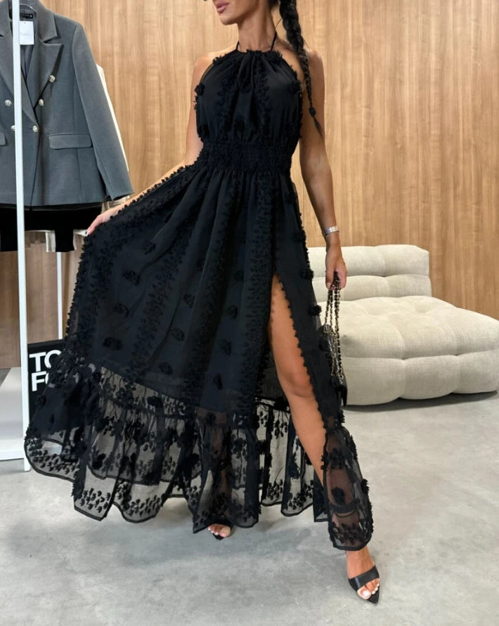 🍒3d floral backless dress split or slit decoration dress summer women party occasion wear solid colour outfit high waist sleeveless evening wear Pink Champagne Or Rum With Black
