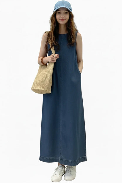 🍒Sleeveless denim long dress for women fashion round neck denim maxi dress outfit a-line with pockets casual wear loose summer clothing