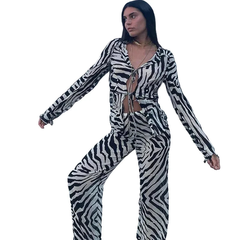 🍒Zebra  print mesh top sheer stripeed shirt outfit for women set tie front detail top and matching pants fashion two piece sets holiday beachwear Do Hot Girl Hot Jungle in Cool Clothes