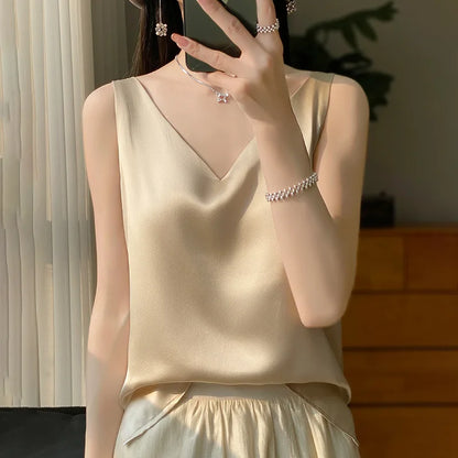 🍒Women's silky tank top camisole for summer beautiful satin loose v-neck vest sleeveless tops
