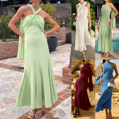 🍒Strapless chiffon dress solid colour fashion ribbon accessorie sleeveless outfit with scarf on neck slim fitted hip and flare for Summer high waist pleated dress  occassion maxi party clothing Get This Hang Over Handed Over