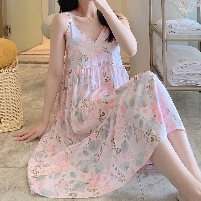 🍒Moue nagrok vir Vroue, asemende viskosekatoen-camisole-nagrok, bloemryke nagrok, huisdrag, somerdrag, vakansiedrag, nagdrag, Vars Blommepatrone