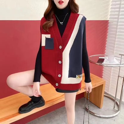 🍒针织V领拼色马甲女式毛衣无袖开衫套头衫 女士时尚宣言