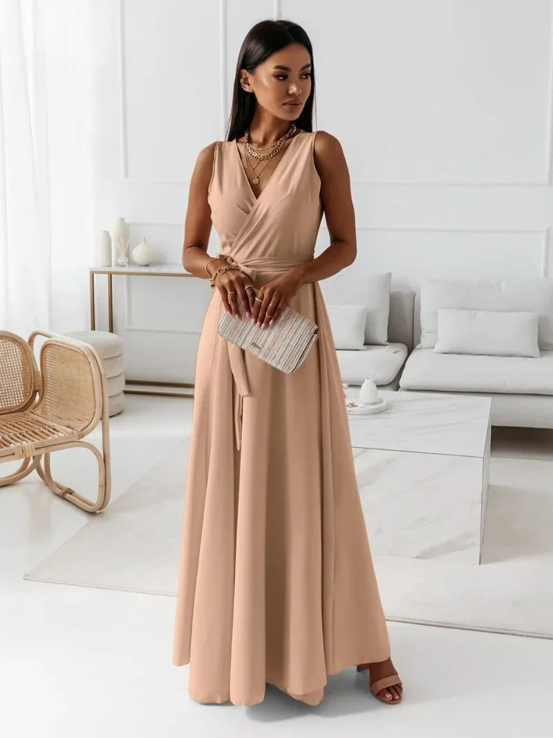 🍒Elegant party dresses for women v-neck sleeveless belt evening wear solid colour occasion wear outfit party wear maxi fashion Feminine Female Fashion Flair