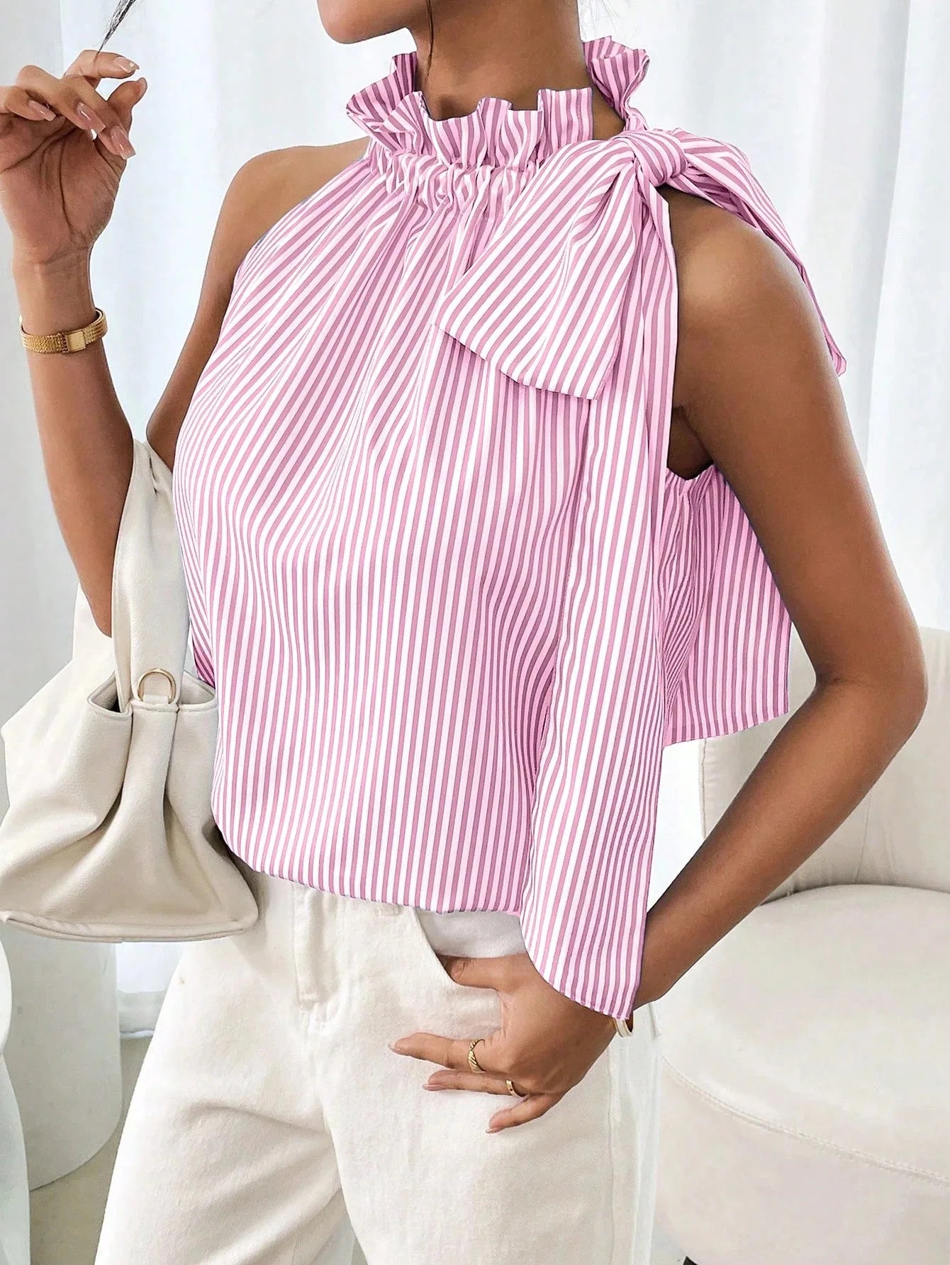 🍒Women shirts sleeveles sweet stripe blouse cute printed summer tops tie bow smart casual attire ladies