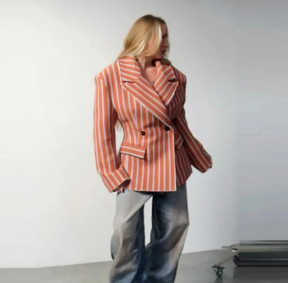 🍒Gestreepte baadjie, volmou-baadjie vir dames met gekerfde lapelkraag, dubbelbors lentejas, mode drag, kantoorklere   Look Sjokolade In Oranje