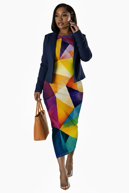 🍒Plus size geometric midi dress full sleeve bodycon women's party vacation outfit bright color clothes date night workwear Drink Wine In A Cut Glass