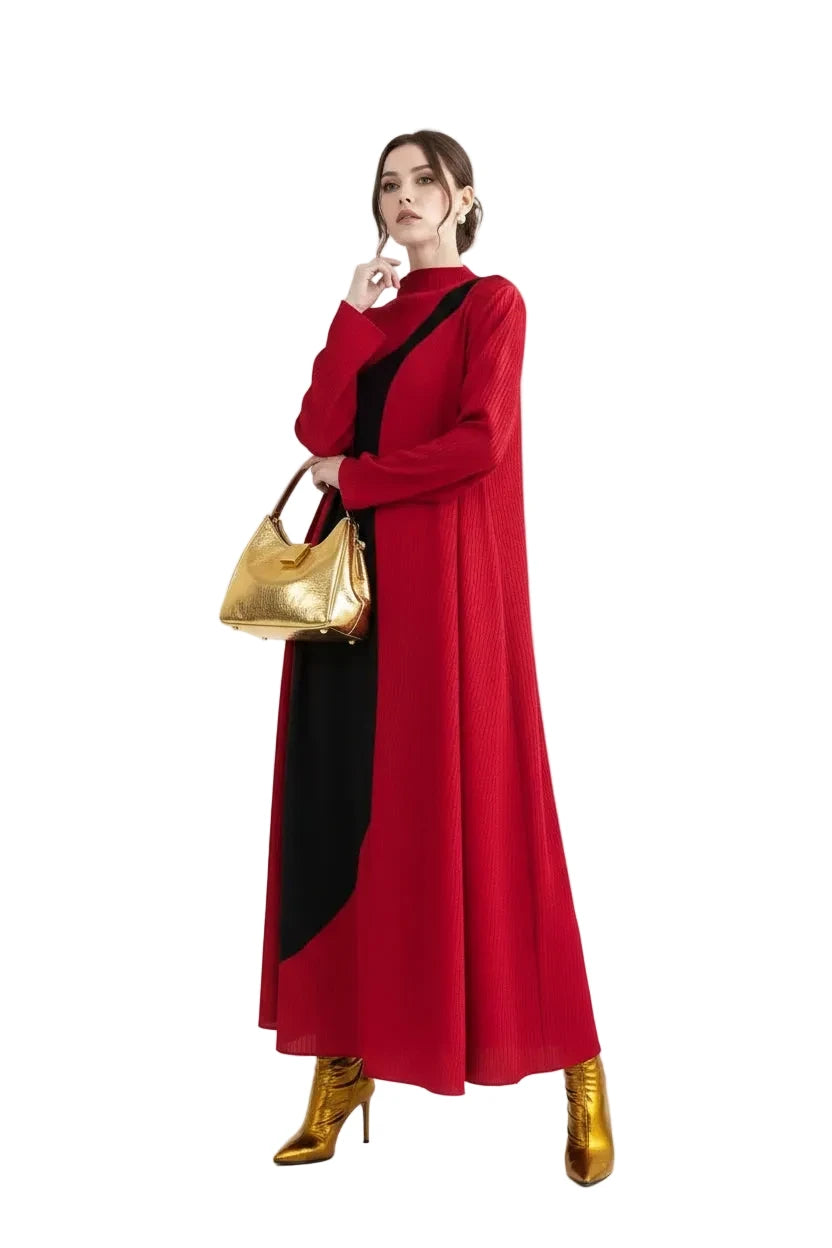 🍒Long sleeve maxi dress red and black outfit long sleeve loose  women smart casual clothes with patchwork loose fit a-line occasion wear chic holiday wear oversize fashion  Black Out Boring Clothes And Get This Red