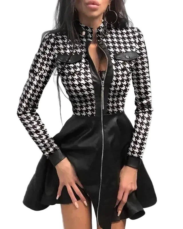 🍒Pu leerrok vir vroue kant gaas mou gemengde media mode partytjie rok mini elegante opstaande nek kraag a-lyn uitrusting Mooi Plaid Pu