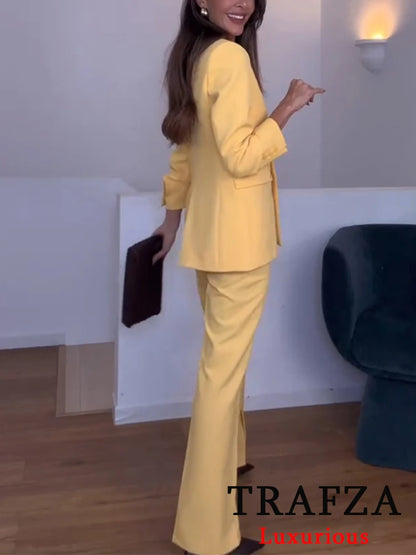 🍒ladies office trouser suit yellow colour solid set v double breasted  jacket with pockets blazer + flared loose pants vintage suits women                                        CAN this v -ARY quick