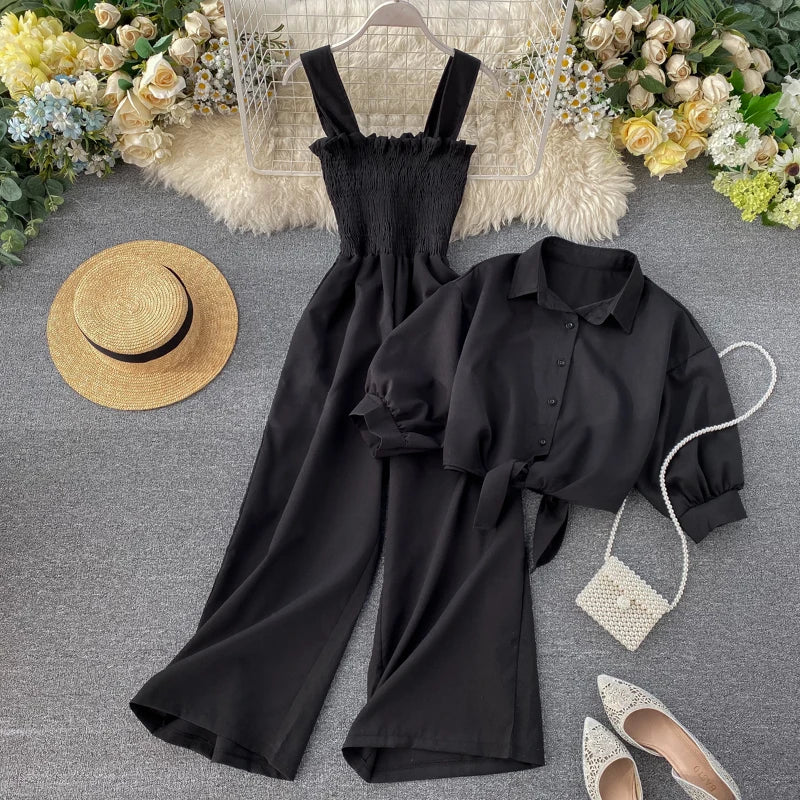🍒Two piece clothing sets high waisted jumpsuit smart casual women and short sleeve blouse crop top female fashion wears  Y2k style clothing Jump On This Suit