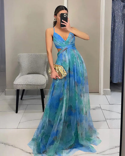 🍒Mesh evening dress spaghetti straps off shoulder vacation fashion outfit for summer party v-neck dress high waist backless occasion wear Mingle In A Mesh