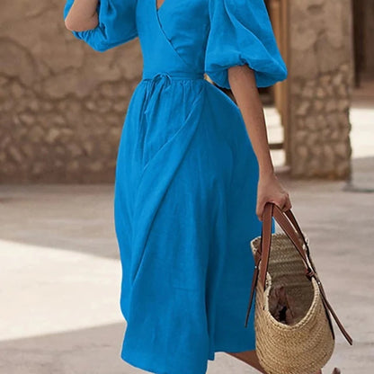 🍒Summer v-neck outfits long slim wrap womens puff sleeve a-Line dress high waist midi fashion occasion party wear elegant mid length Slip-on Stylish Slits