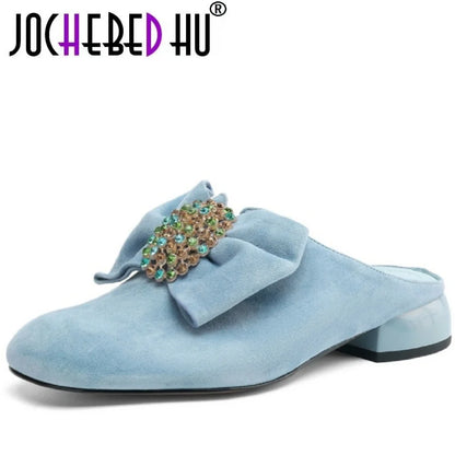 🍒Handmade genuine leather shoes suede footwear for occasion slippers for women mules round toe low heel mules summer footwear female 34-41 Look Slip On Your Bow With A Bow Slipper