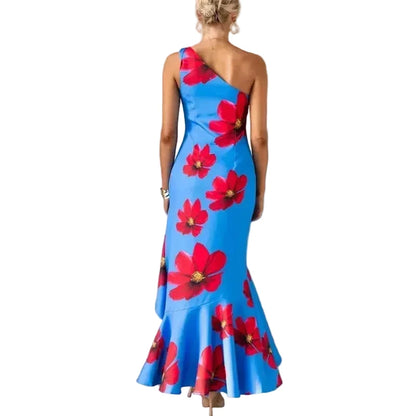 🍒One shoulder sleeveless dress summer fashion for women Irregular bohemian vacation outfits floral print fashion with ruffle hem outfits long   No Puff, Get Out Ruffs